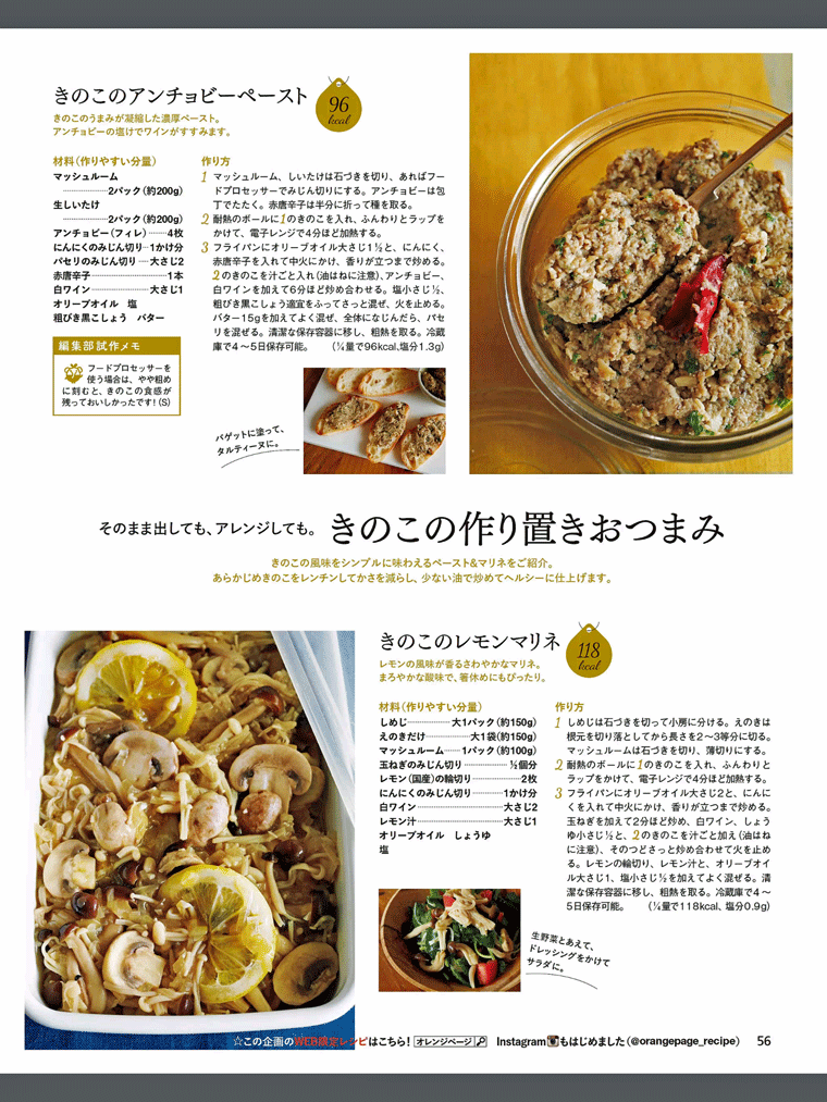 そのまま出しても、アレンジしても。きのこの作り置きおつまみ　★きのこのアンチョビーペースト他　オレンジページ 2015.10.17号より